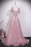 Blush Pink Glitter Tassel Sleeve Prom Dress | Luxury Evening Gown HZ0429