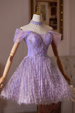 Lavender Off the Shoulder Short Homecoming Dress with Beaded Bodice HZ0429
