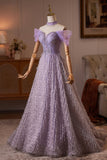 Lavender Off the Shoulder Long A-Line Prom Dress with Beaded Bodice HZ0429