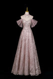 Dusty Pink Glitter Off-the-Shoulder Ball Gown Formal Evening Dress with Tulle Sleeves HZ0429