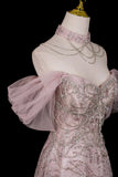 Dusty Pink Glitter Off-the-Shoulder Ball Gown Formal Evening Dress with Tulle Sleeves HZ0429
