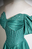 Elegant Off-the-Shoulder Emerald Green Satin Evening Gown with Beading HZ0429