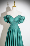 Elegant Off-the-Shoulder Emerald Green Satin Evening Gown with Beading HZ0429