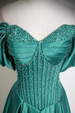 Elegant Off-the-Shoulder Emerald Green Satin Evening Gown with Beading HZ0429