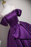 Purple Off-the-Shoulder Satin Ball Gown with Crystal Waist Detail HZ0429