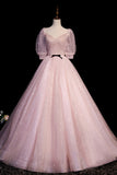 Pink V-Neck Tulle Long Prom Dress, A-Line Short Sleeves Evening Dress HZ0429