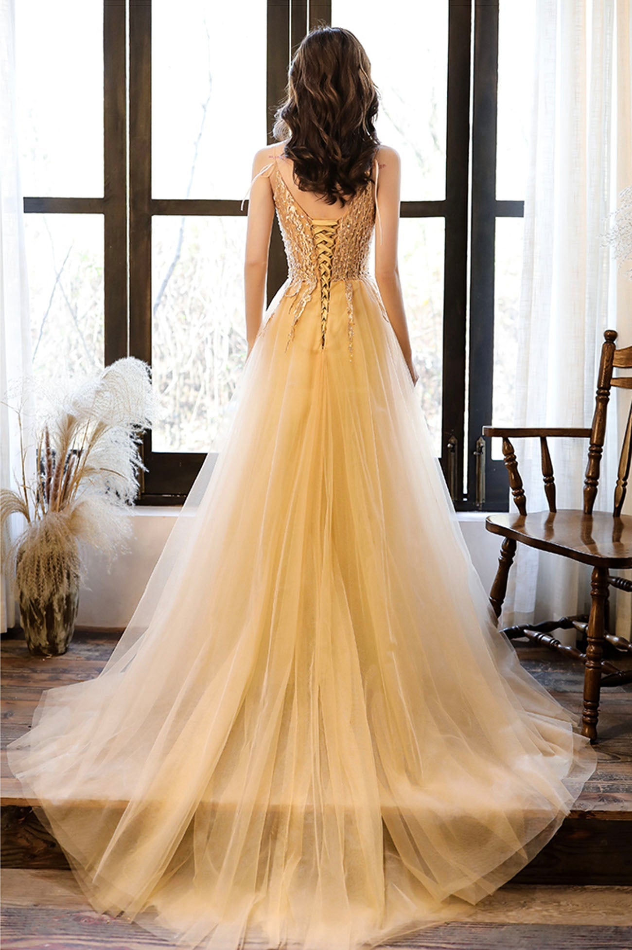 yellow lace prom dress Yellow Tulle A-line One Shoulder Lace Prom Dresses, Evening Dresses, MP719