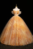 Orange Yellow Off-the-Shoulder Tulle Ball Gown with 3D Flower Embellishments HZ0429