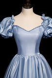 Cute Satin Long Prom Dresses, Blue Short Sleeve A-Line Evening Dresses HZ0429