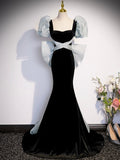 Black Velvet Long Prom Dress, Mermaid Evening Party Dress with Bow HZ0429