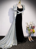 Black Velvet Long Prom Dress, Mermaid Evening Party Dress with Bow HZ0429