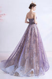 Purple Tulle Sequins Long Prom Dresses, A-Line Strapless Evening Dresses HZ0429