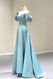 Blue Satin Long A-Line Prom Dress, Off the Shoulder Evening Dress HZ0429