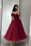 Burgundy Off the Shoulder Tea Length Prom Dress, Cute A-Line Party Dress HZ0429