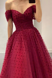 Burgundy Off the Shoulder Tea Length Prom Dress, Cute A-Line Party Dress HZ0429