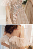 Champagne Tulle Sequins Long Formal Party Dresses, Off the Shoulder Prom Dresses HZ0429