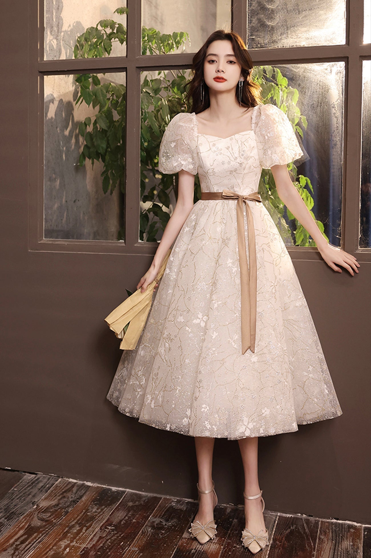 White Tulle Short Sleeve Prom Dress, Cute A-Line Party Homecoming Dress HZ0429