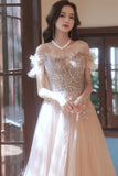 A-Line Tulle Sequins Long Prom Dress, Off the Shoulder Evening Dress HZ0429