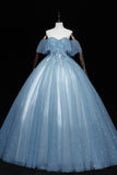 Blue Tulle Lace Long Prom Dresses, A-Line Off the Shoulder Evening Dresses HZ0429