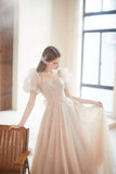 Champagne Puff Sleeve Tulle Long Prom Dress, A-Line Evening Dress HZ0429
