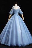 Blue Lace Long A-Line Prom Dresses, Blue Evening Dresses HZ0429