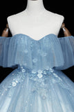Blue Tulle Lace Long Prom Dresses, A-Line Off the Shoulder Evening Dresses HZ0429