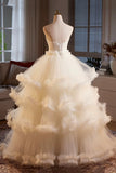 Champagne Tulle Layers Long Prom Dresses, A-Line Strapless Evening Dresses HZ0429