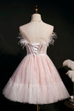 Pink Strapless Lace Short Prom Dress, A-Line Party Dress with Feather HZ0429