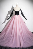 Black and Pink Tulle Long Prom Dress, Unique Strapless Evening Dress with Corset HZ0429