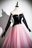 Black and Pink Tulle Long Prom Dress, Unique Strapless Evening Dress with Corset HZ0429
