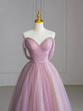 Beautiful Tulle Beaded Floor Length Prom Dress, Pink Off the Shoulder Evening Party Dress HZ0429