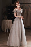 Gray Tulle Sequins Long Prom Dresses, A-Line Off the Shoulder Evening Dresses HZ0429