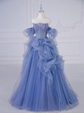 Blue Tulle Beaded Long Prom Dress, Blue A-Line Evening Party Dress HZ0429