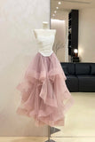 Blush Pink Asymmetrical Tulle Party Dress - White Ruched Bodice Evening Gown HZ0429