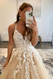 Champagne V-Neck Lace Long Prom Dresses, A-Line Formal Party Gown HZ0429