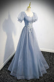 Cute Tulle Lace Long Prom Dresses, A-Line Evening Party Dresses HZ0429