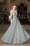 Gray Green Tulle Sequins Long Prom Dress, Beautiful A-Line Spaghetti Strap Party Dress HZ0429