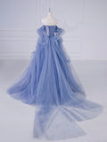 Blue Tulle Beaded Long Prom Dress, Blue A-Line Evening Party Dress HZ0429