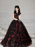 Black Tulle and Red Sequins Long Formal Dress, A-Line Strapless Evening Party Dress HZ0429