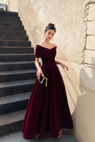 Burgundy V-Neck Velvet Long Prom Dress, Off Shoulder Evening Party Dress HZ0429