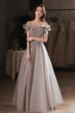Gray Tulle Sequins Long Prom Dresses, A-Line Off the Shoulder Evening Dresses HZ0429