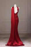 Burgundy Satin Long Prom Dress, Mermaid Backless Evening Party Dress with Slit HZ0429