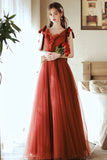 A-Line Tulle Long Prom Dress, V-Neck Evening Party Dress HZ0429