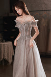 Gray Tulle Sequins Long Prom Dresses, A-Line Off the Shoulder Evening Dresses HZ0429