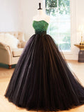 Black Strapless Tulle Long Prom Dress with Green Beaded, A-Line Formal Dress HZ0429