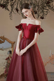 Burgundy Satin Tulle Long Prom Dress, A-Line Evening Dress HZ0429