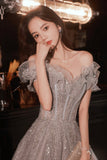 Gray Tulle Sequins Long Prom Dresses, A-Line Off the Shoulder Evening Dresses HZ0429