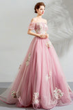 Pink Tulle Lace Long A-Line Prom Dresses, Pink Evening Dresses HZ0429
