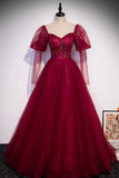 Burgundy Tulle Beading Long Prom Dresses, A-Line Formal Evening Dresses HZ0429