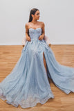 Blue Lace and Tulle Long Prom Dresses, A-Line Strapless Evening Dresses HZ0429